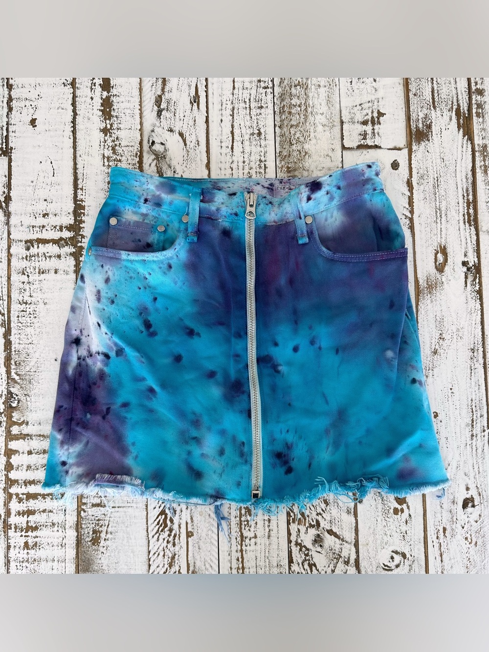 OOAK - Hand-Dyed Tie-Dye Zip-Front Denim Mini Skirt Blue/Purple